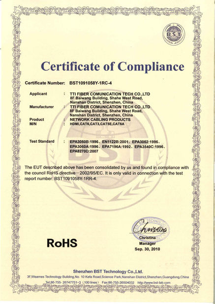 Porcellana Shenzhen TTI Fiber Communication Tech.co., Ltd. Certificazioni